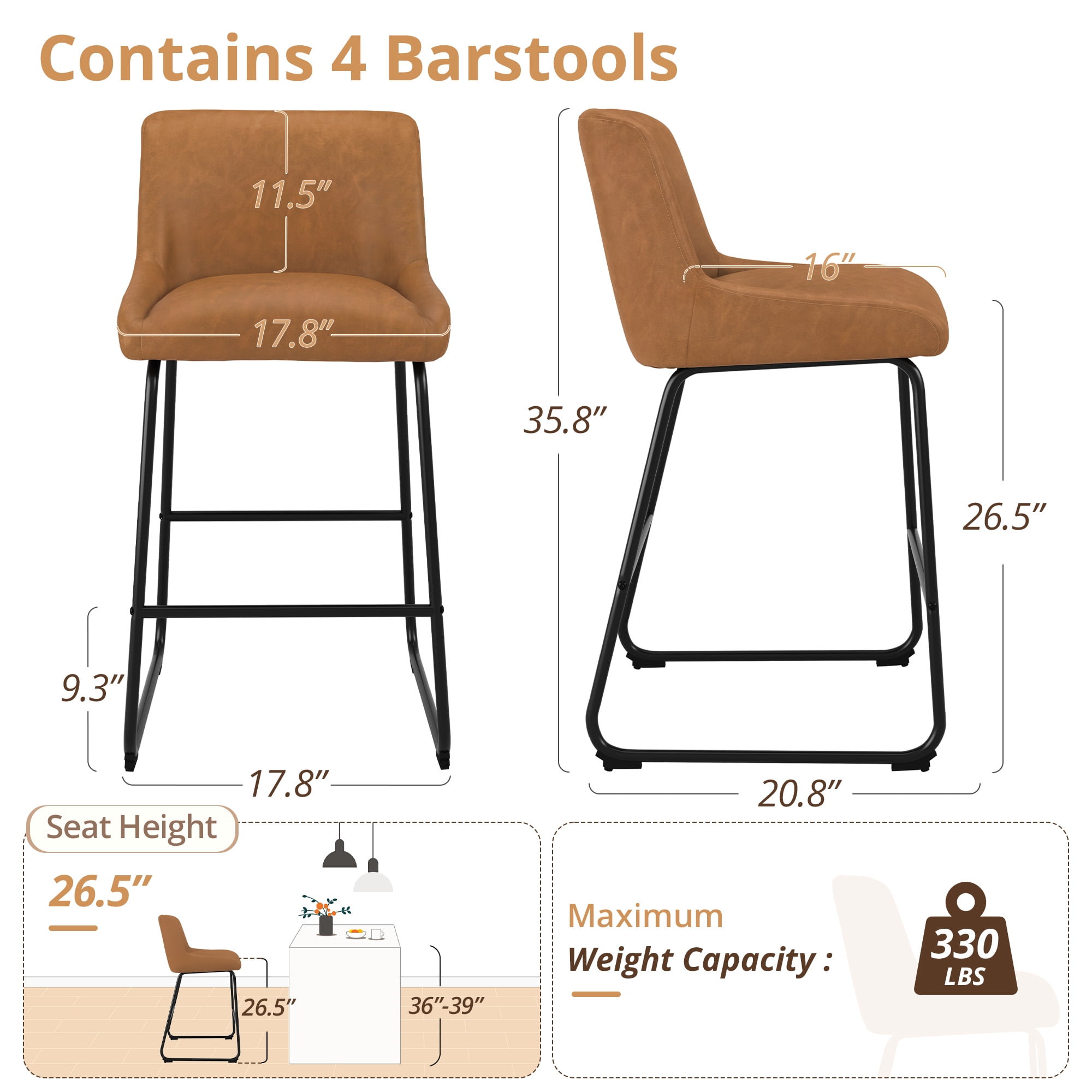 Dycanpo 26" Counter Height Bar Stools Set 4, Faux Leather 2.5" Cushion, Whiskey Brown