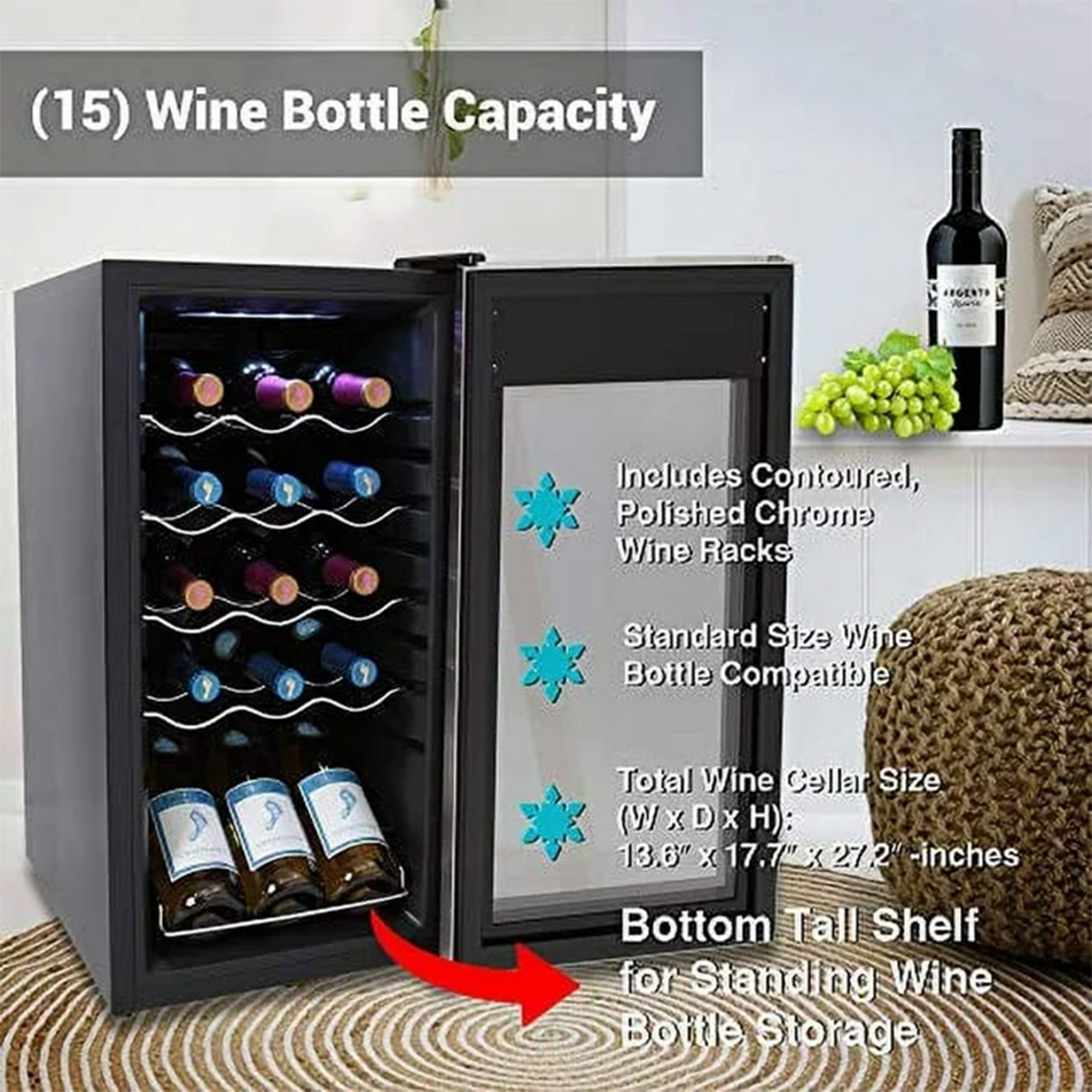 NutriChef PKCWC15 - Wine Chilling Refrigerator Cellar - Touch Button Control with Air Tight Seal, Contains Placement for Standing Bottles (15 Bottle Storage Capacity)