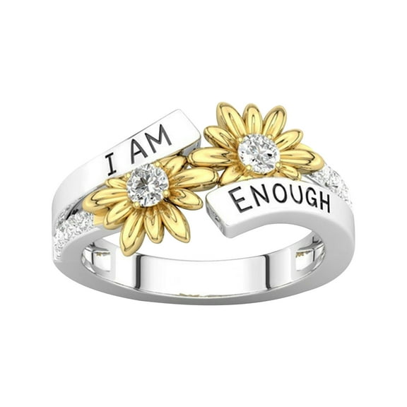 Guodhu Mantra Inspirational Ring Sunflower Rings for Women - I Am Enough Letters Carving Flower Promise Rings Jewelry Accessory Jewelry Gifts for Women