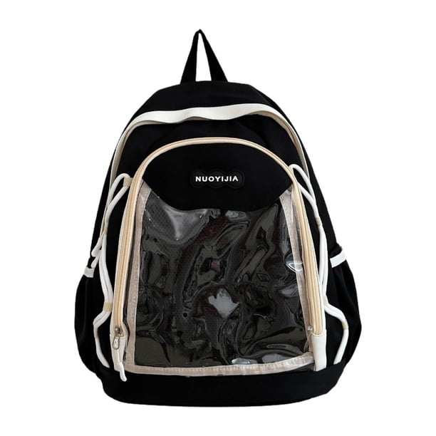 Mochila de moda con bolsillo transparente de nailon para viajes escolares y universitarios. Negro