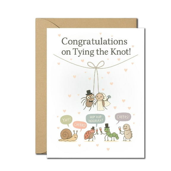 Cute Wedding Congratulations Card - Adorable Illustrated Design for Newlyweds - Includes Envelope