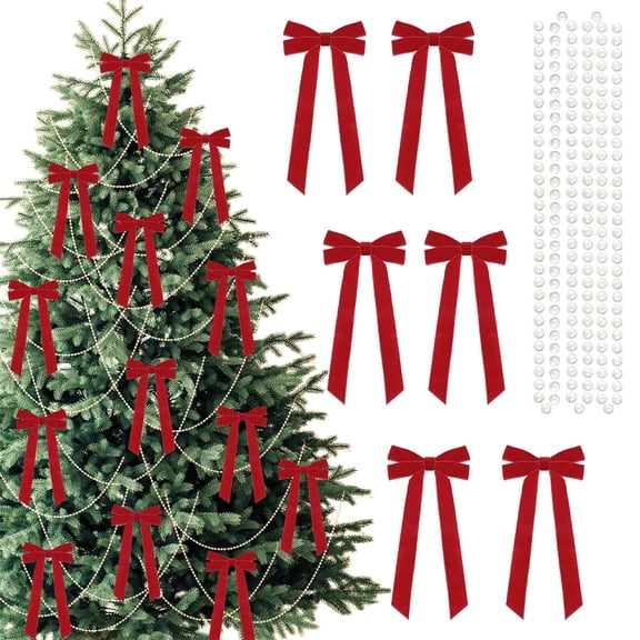 Velvet Christmas Bows With Pearl Bead Garland Red Holiday Tree Ornaments Set 12 Count