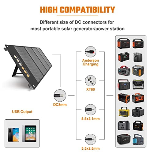 BALDR 120W Portable Solar Panel for Jackery/ECOFLOW/Flashfish/ROCKPALS Power Station Generator, Foldable Solar Cell Charger with 2 USB Ports & 18V DC Output for RV Boat Car