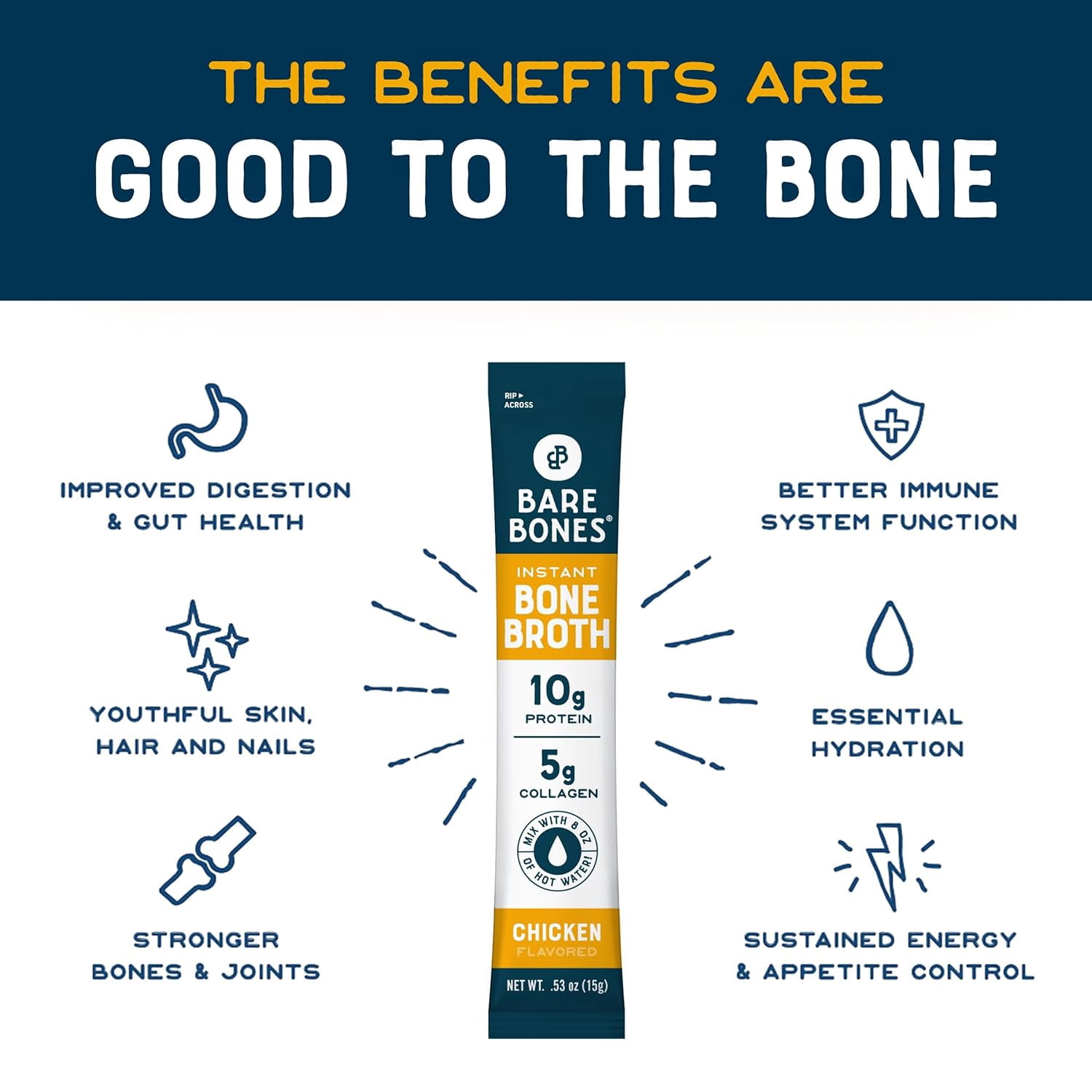 Bare Bones Instant Chicken Bone Broth Sticks, 10G Protein, 4.23 oz, 2-pack of 8
