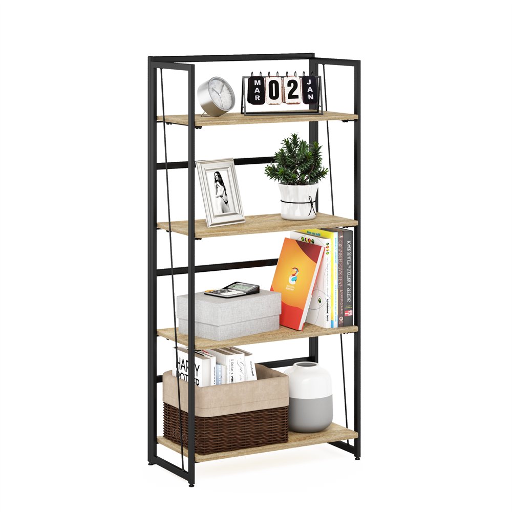 Furinno Riau No Tool Metal Frame Bookcase, 4Tier, Sonoma Oak/Black