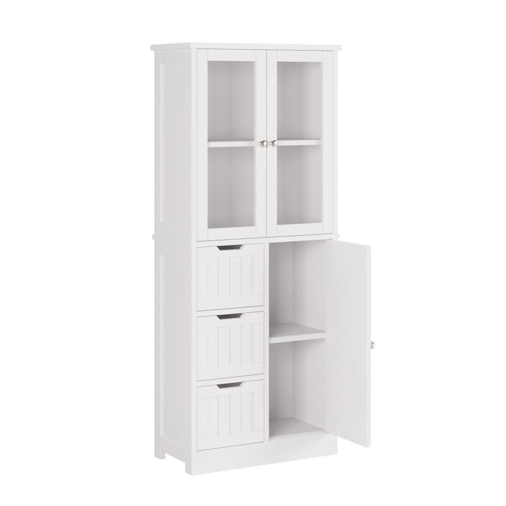 IVV 58" Freestanding Bathroom Cabinet with Glass Doors and 2 Drawers, Kitchen Pantry Storage Cupboard for Bathroom, Living Room, Dining Room, Office, White