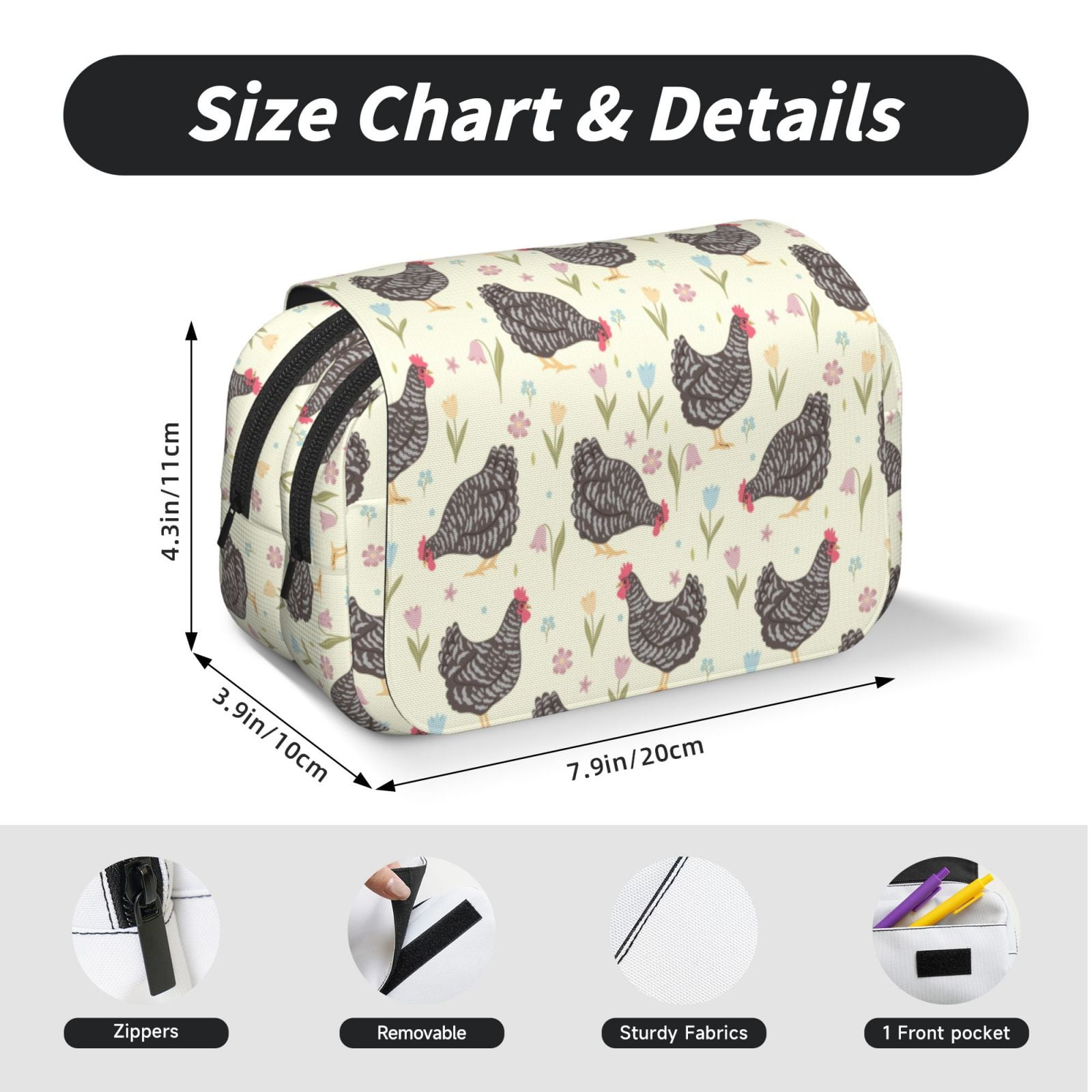 Rateoe Funny Chicken Pattern Double Clamshell Pen Case, Storage Organizer with Two Zipper Compartments– Holds Up to 50 Pencils & Pens