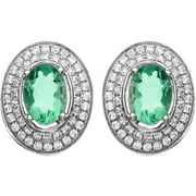 Platinum-Plated Sterling Silver Oval-Cut Green Obsidian Pave CZ Earrings