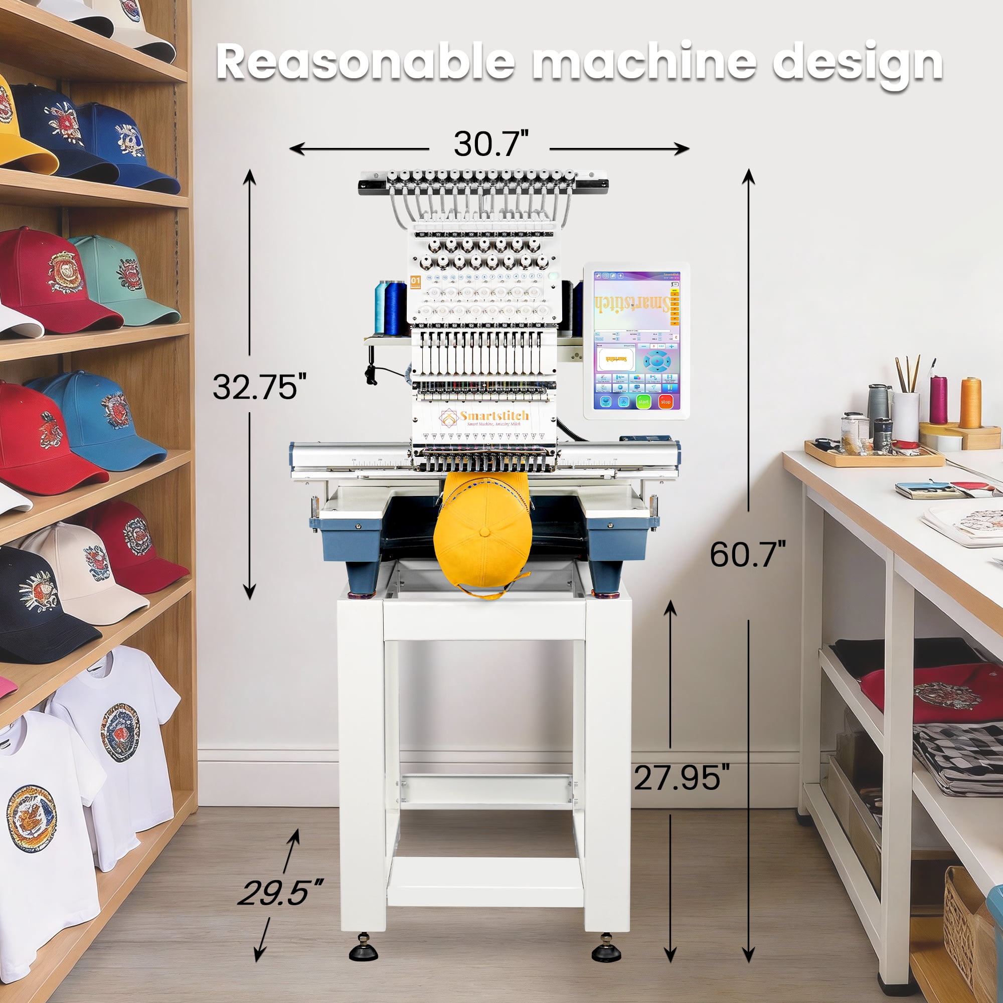 Smartstitch S-1501 Pro 15-Needle Embroidery Machine, 14"x20" Large Area, 1200 SPM, 12" Touch Screen, WiFi - Ultimate for Caps, Apparel & Business Growth (Blue Base)