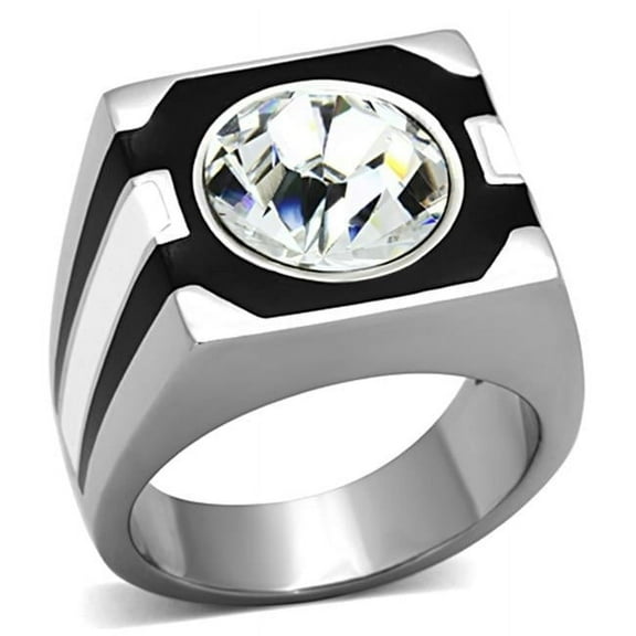 Men High Polished Stainless Steel Ring with Top Grade Crystal in Clear - Size 9