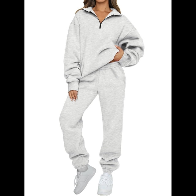 Conjuntos de Dos Piezas para Mujer: Jersey de Larga con Media Cremallera y Pantalón Deportivo Holgado con Bolsillos. Gris M