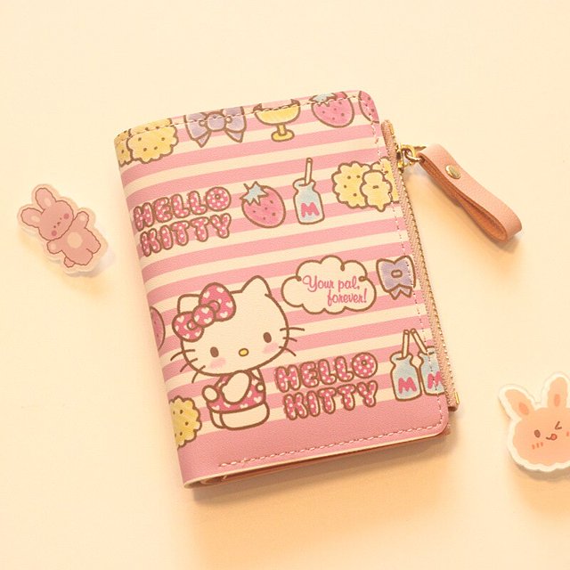 Cartera de Anime de Hello Kitty Kawaii Sanrios, monedero pequeño de dos pliegues, pequeño y fresco, gran capacidad, regalos de vacaciones