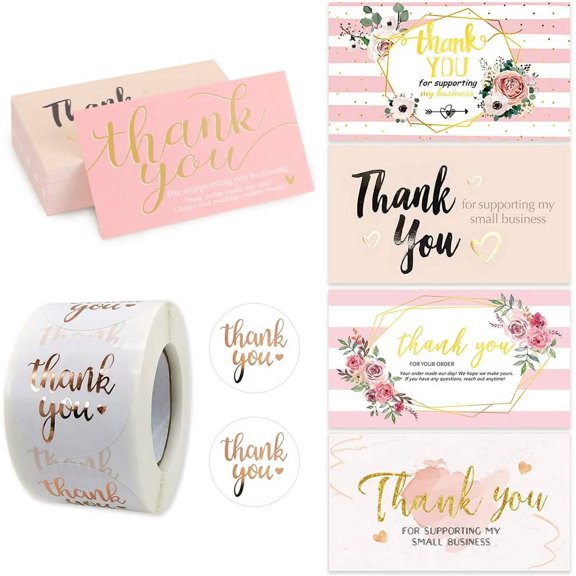 750Pcs Thank You Cards and Stickers Set, Thank You for Supporting My Small Business Cards and Sticker, Gold Foil Thanks Greeting Cards, Mini Appreciation Cards for Retail Store, Package Inserts