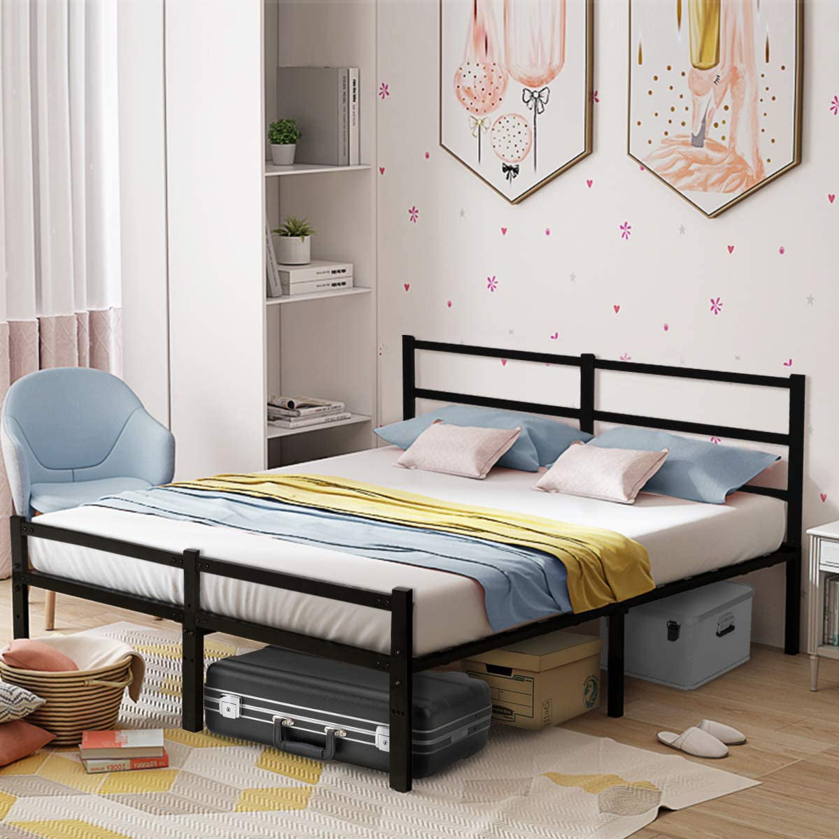 Queen Bed Frames With Headboard Black, Queen Bed Frame With Shelves In Headboard