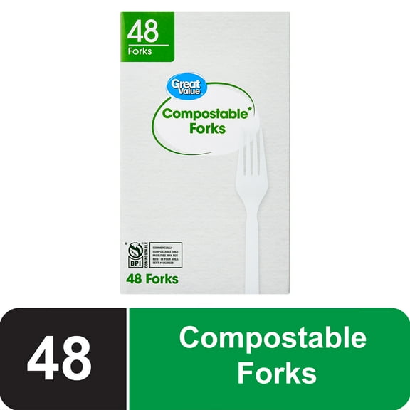 Great Value Disposable Compostable Forks, 48 Count