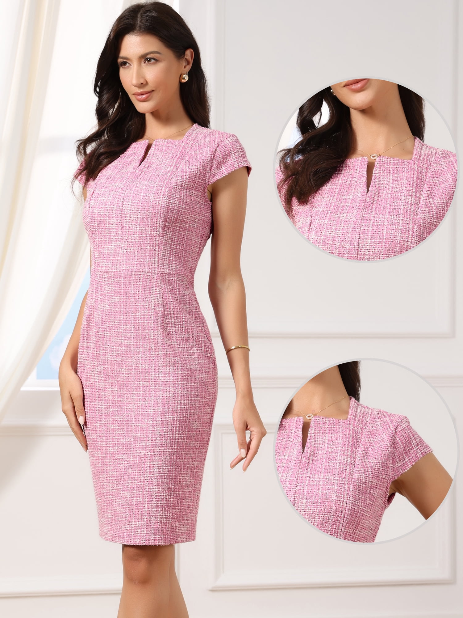 DARING DIVA Women's Midi Tweed Slim Dress Cap Sleeve Square Neck Bodycon Dresses XL Pink