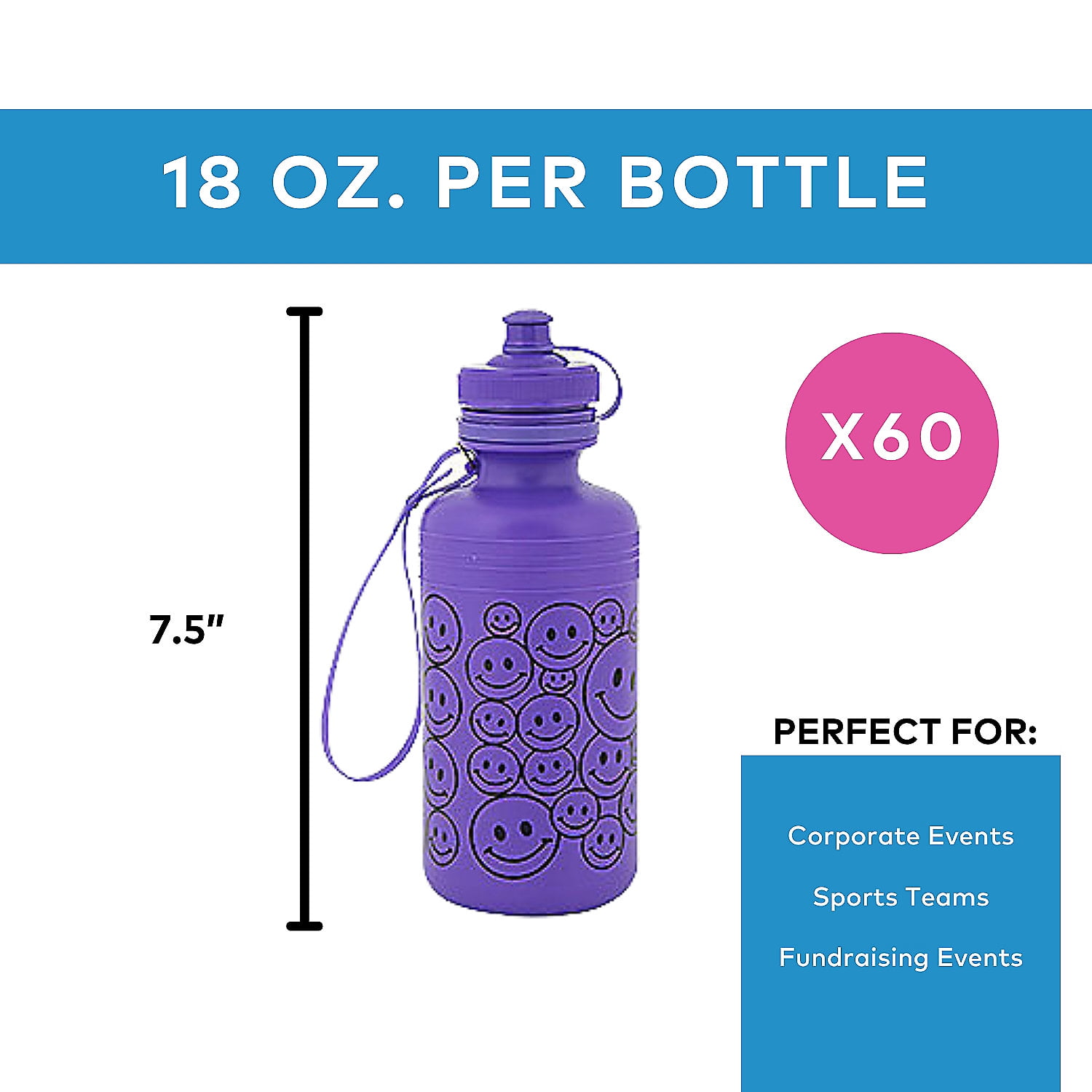 Water Bottles Smile Face Neon Plastic Bulk 60 Ct