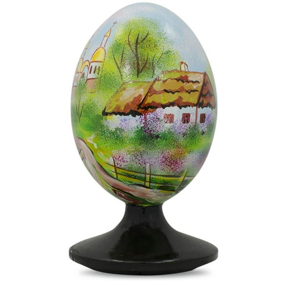 Ukrainian Village Scene with Church Wooden Easter Egg Figurine 4.75 Inches
