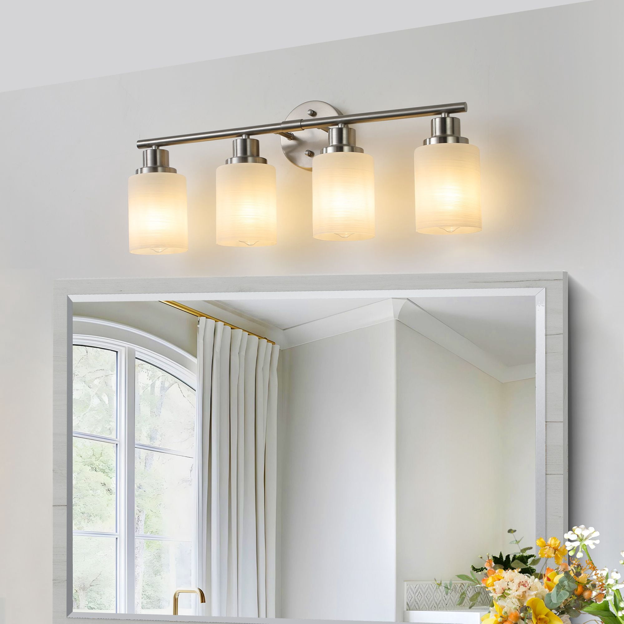 24 Inch Modern 4-Light Vanity Wall Sconce, Brushed Nickel Bathroom Light Fixture with Frosted Glass Shades for Mirror and Hallway, Hardwired (Bulbs Not Included)