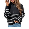 Women's 1/4 Zipper Sweater Casual Long Sleeve Striped Knitted Tops Loose Pullover Jumpers