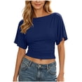 thumbnail image 3 of Craaazy Short Sleeve Tops for Women Solid Color Round Neck Ruched Crop Top Back Tie Casual Blouse for Summer Daily Wear, 3 of 7