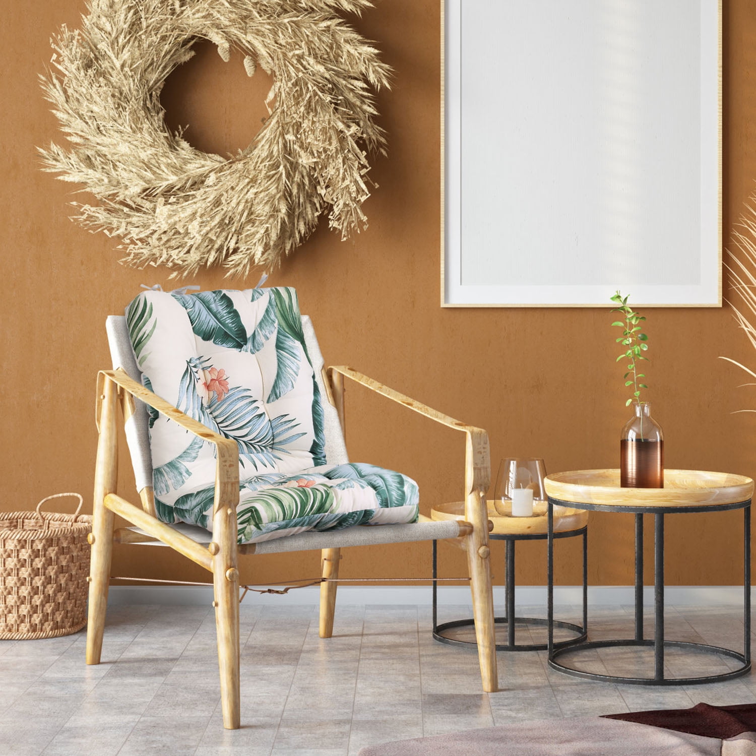 Outdoor Rocking Chair Cushion Upper and Lower Rocking Chair Seat Cushion Set with Non-Slip Ties for Indoor Outdoor Beige Green Palm