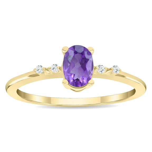 SZUL Women's Oval Shaped Amethyst and Diamond Sparkle Ring in 10K Yellow Gold