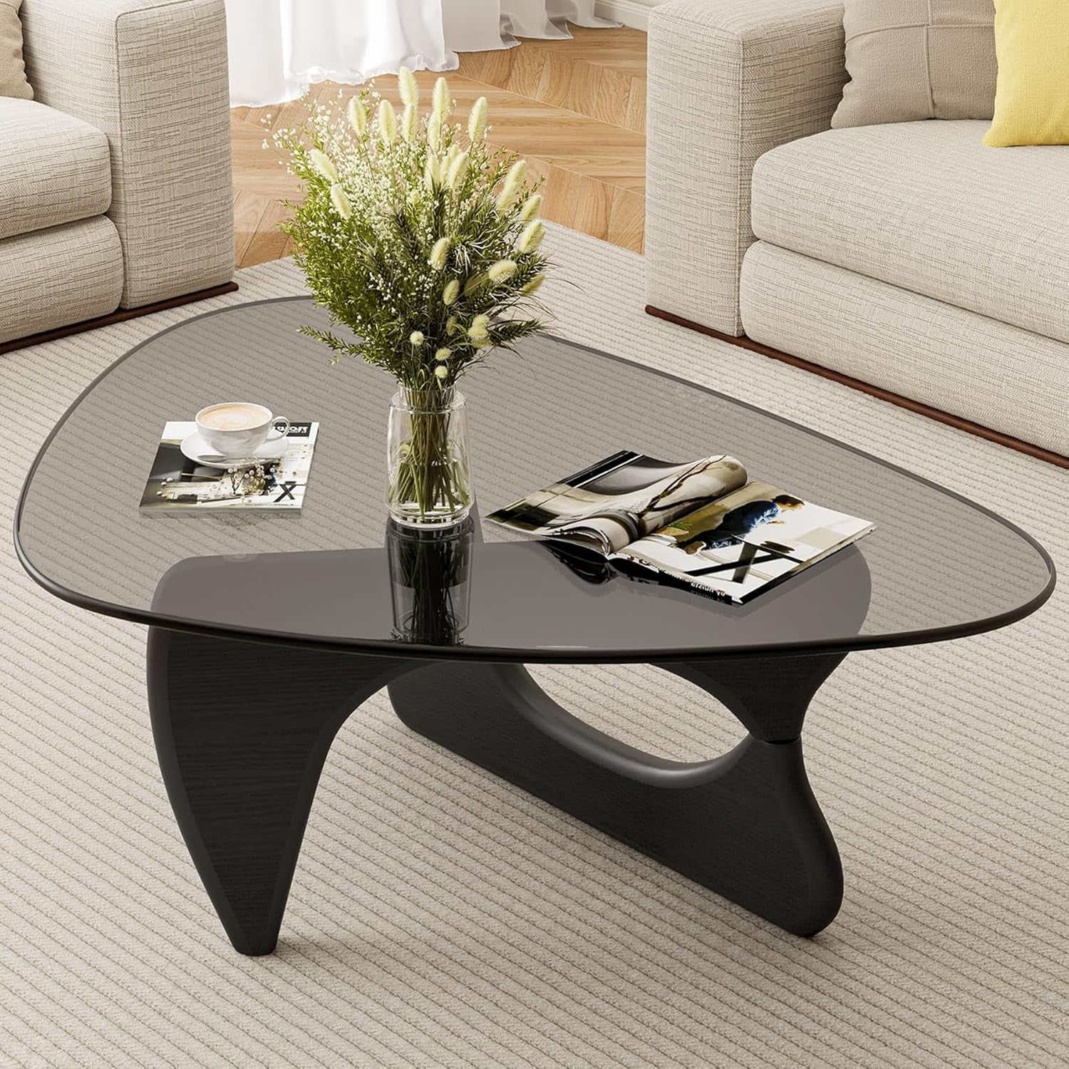 Mid-Century Modern Triangle Glass Coffee Table with Wood Base, Center Table for Living Room