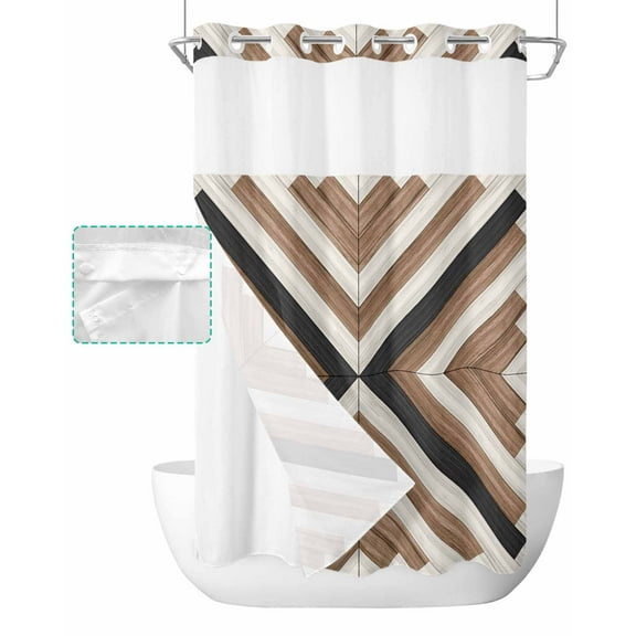 No Hook Shower Curtain with Snap in Liner, Wood Grain Brown Boho Western Tribe Brown White Black Geometric Wood Grain Shower Curtains for Bathroom, Washable Inner Liner with Mesh Top Window, 54"x78"