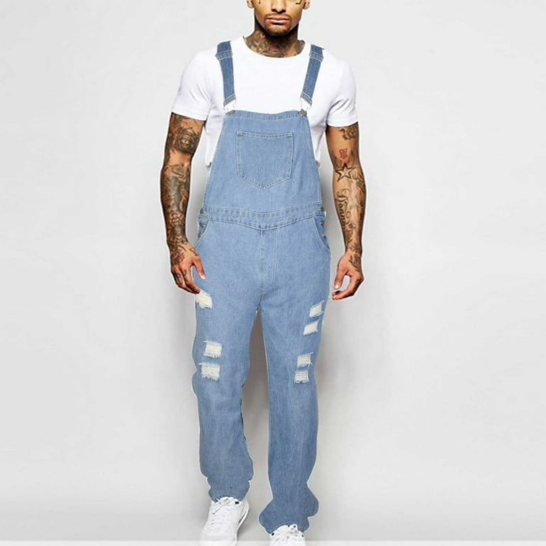 2023 Men's Denim Bib Overalls Fashion Slim Fit Jumpsuit with Pockets  One-Piece Distressed Ripped Jeans