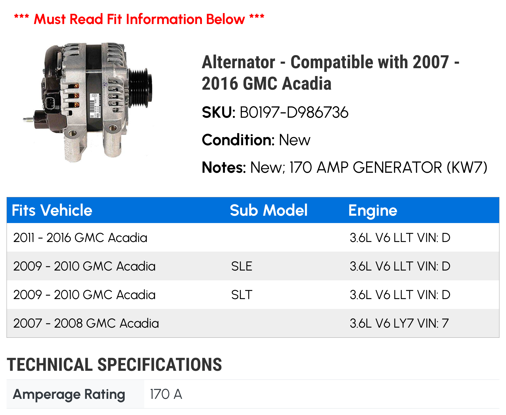 Alternator - Compatible with 2007 - 2016 GMC Acadia 2008 2009 2010 2011 2012 2013 2014 2015