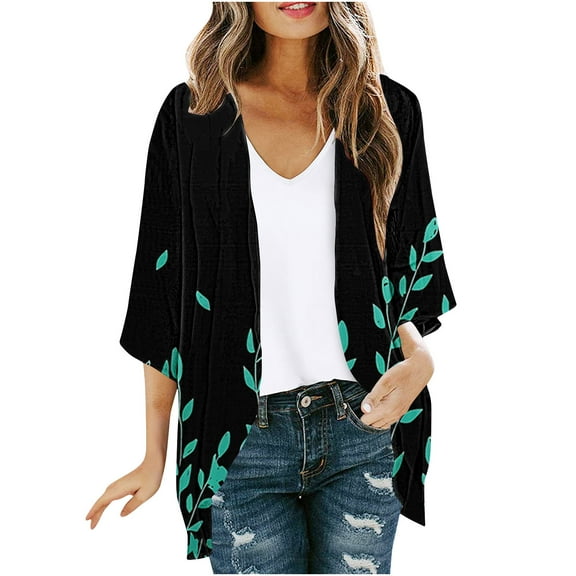 Joau Women's Lightweight Draped Open Front Chiffon Kimono Cardigan Floral Print Puff Sleeve Loose Summer Beach Cover Up Casual Blouse Tops