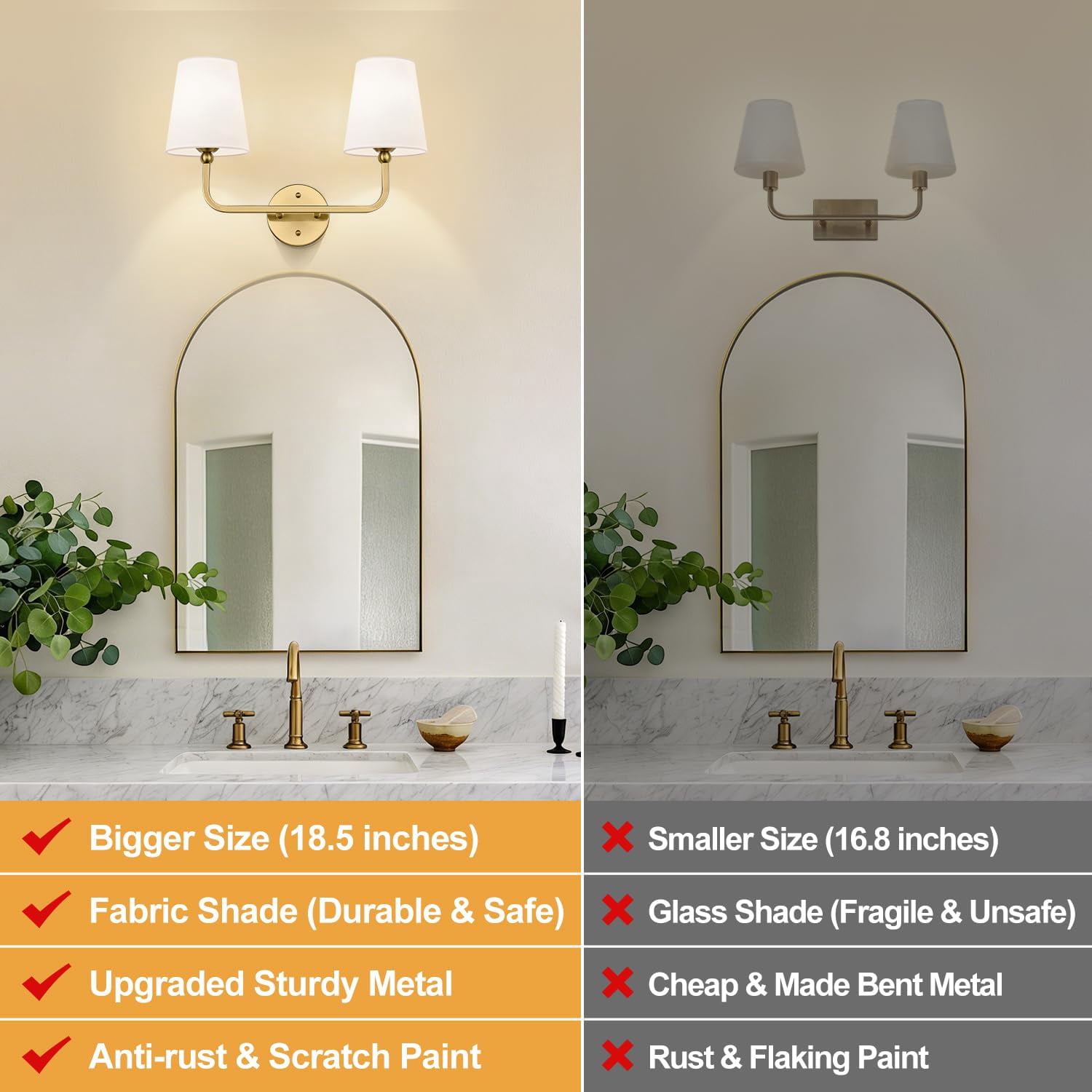 Bathroom Light Fixtures  2-light Brushed Gold Vanity Lights Lighting Over Mirror With Flared White Fabric Shade Modern Wall Sconces For Living Room Hallway