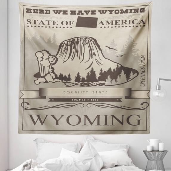 Wyoming Tapestry, Retro Style Poster Design of Equality State of America Texts and Landscape, Fabric Wall Hanging Decor for Bedroom Living Room Dorm, 5 Sizes, Dust and Dark Taupe, by Ambesonne