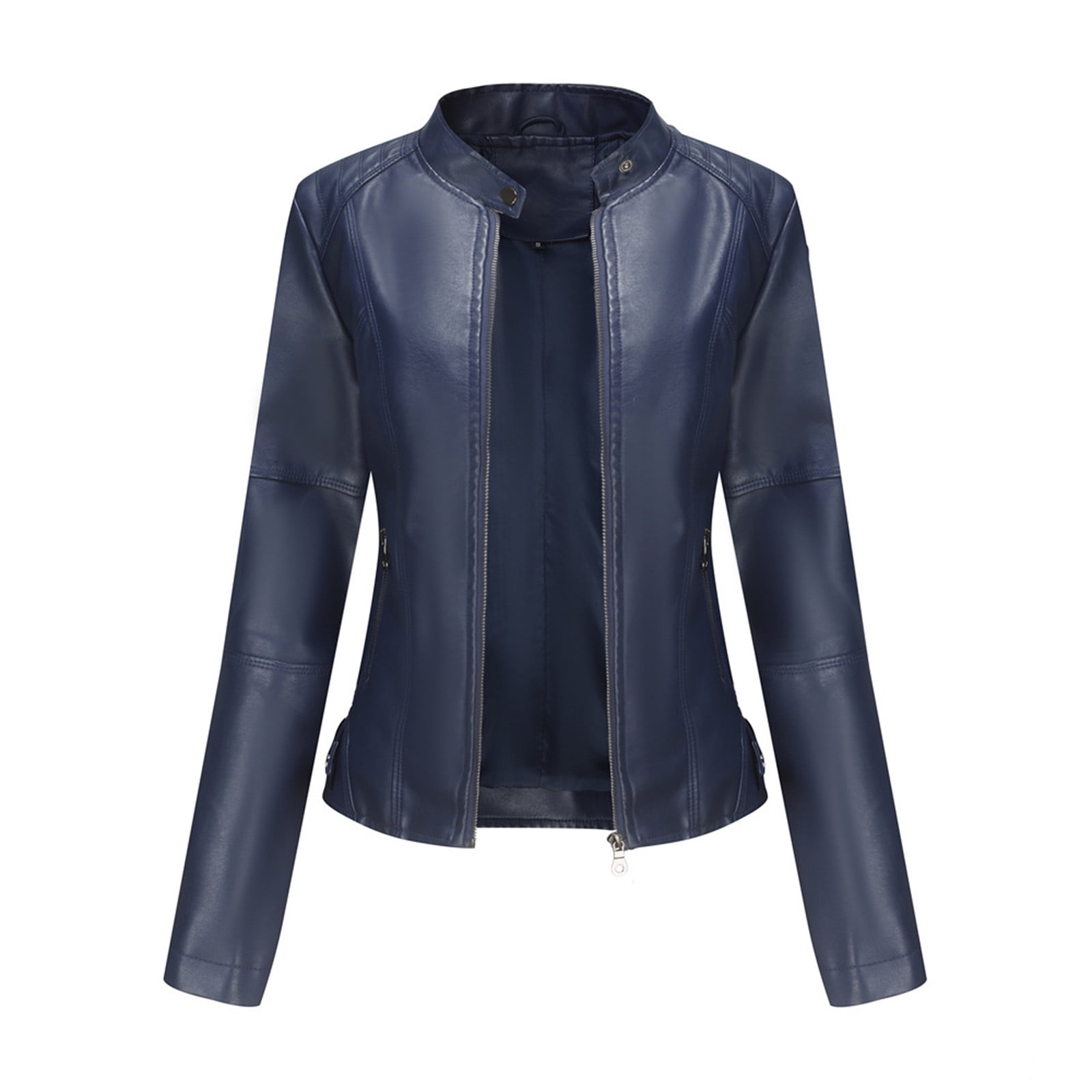 IROINNID Women's Faux Leather Jacket Long Sleeve Zipper Pocket Biker Moto Jacket,Blue