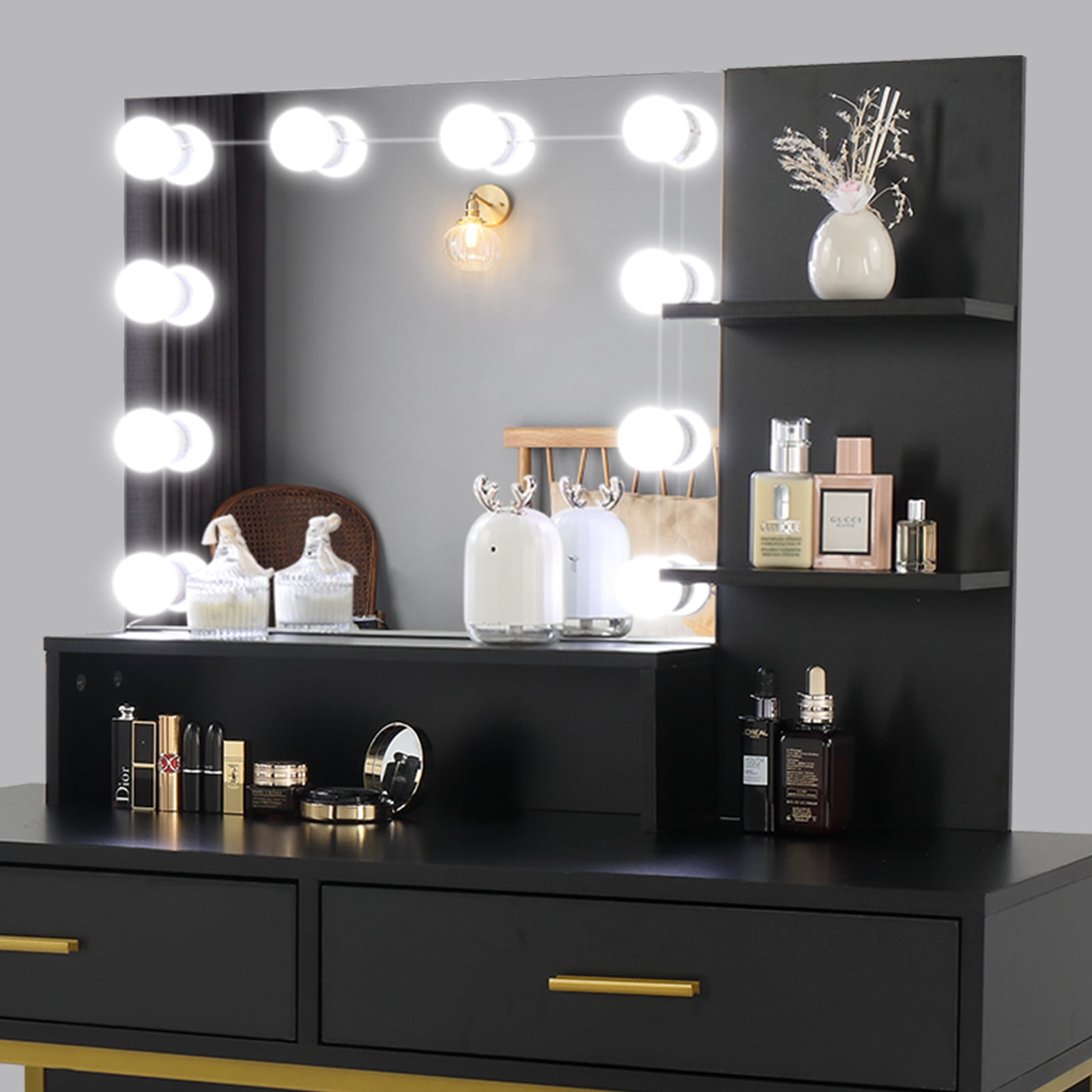 Large Vanity Set with 10 LED Bulbs, Makeup Table with Cushioned Stool, 3 Storage Shelves 2 Drawers, Dressing Table Dresser Desk for Women, Girls, Bedroom, Black