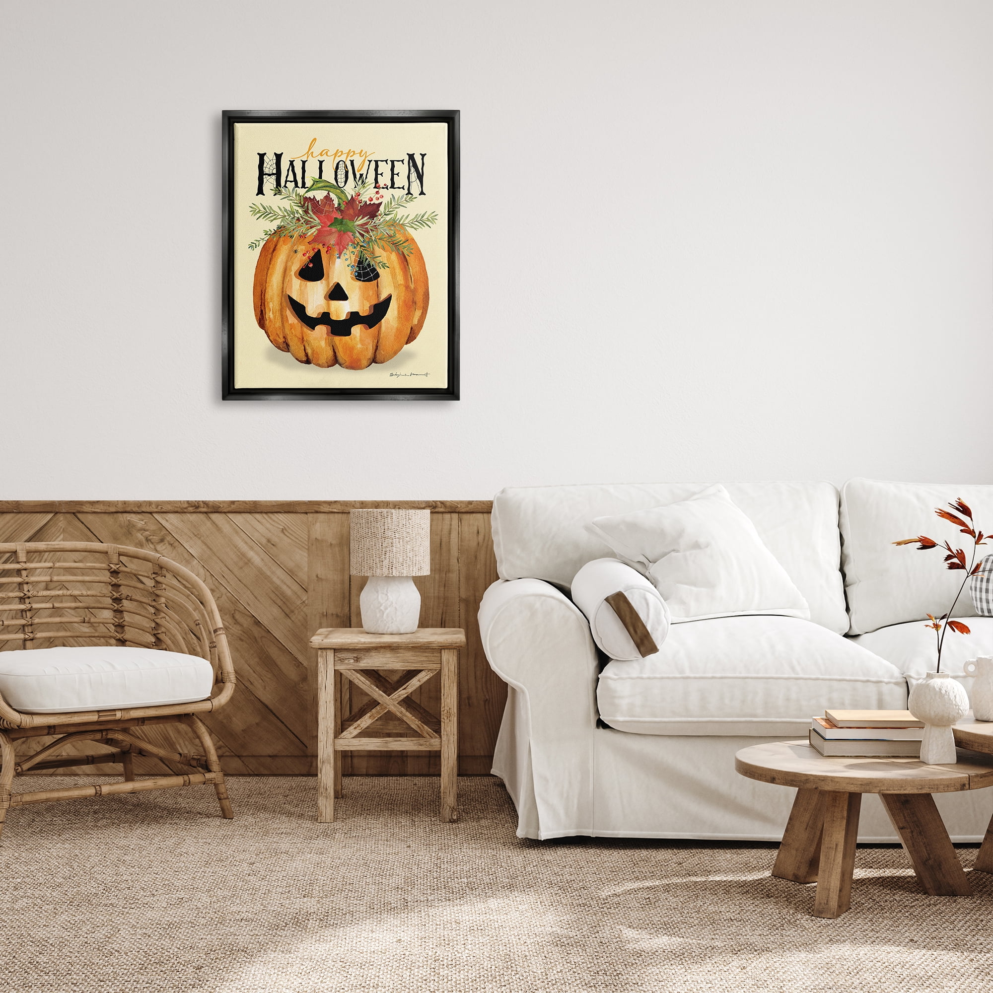 Stupell Industries Happy Halloween Jack-o-Lantern Holiday Painting Black Floater Framed Art Print Wall Art