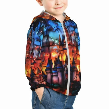

Uemuo Magical Stained Glass Castle Pattern Rash Guard for Boys Girls Long Sleeve Swim Shirts UPF 50+ UV Sun Protection Hooded Fishing Shirt with Pocket for Kid-4 Years