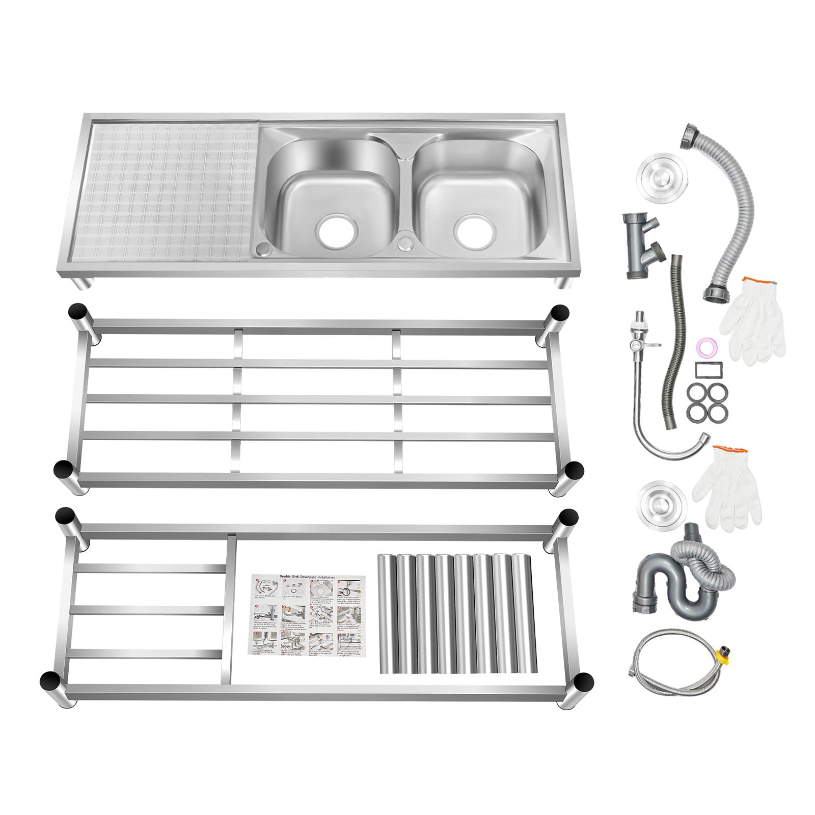 DUYIWAA Stainless Steel Sink Double-basin Commercial Kitchen Utility Sink with Faucet, Drainboard & Prep Table