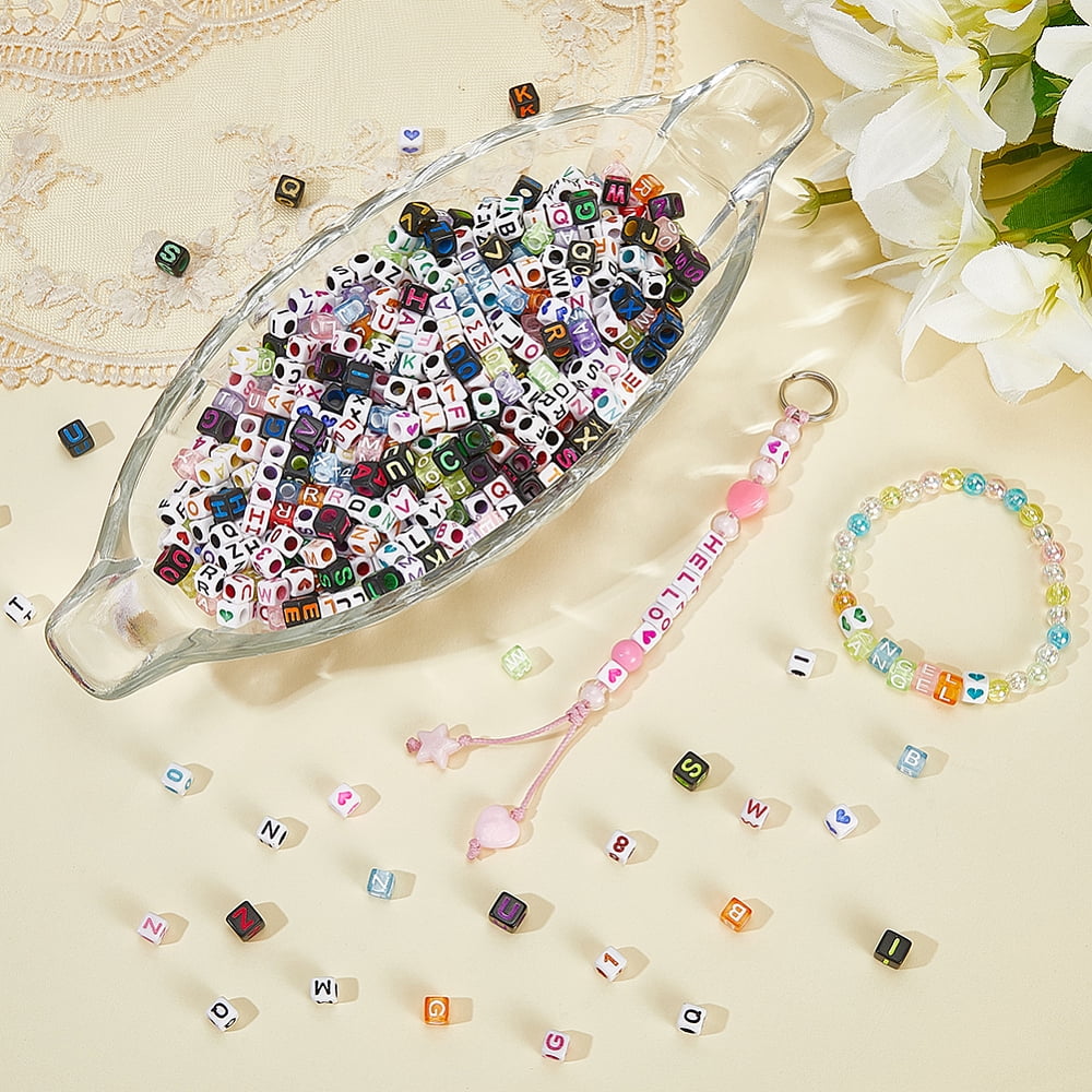 2000Pcs 6 Styles Transparent & Opaque Acrylic Beads Horizontal Hole Cube with Letter/Number/Heart Mixed Color 5.5~7x5.5~7x5.5~7mm Hole: 3~3.5mm