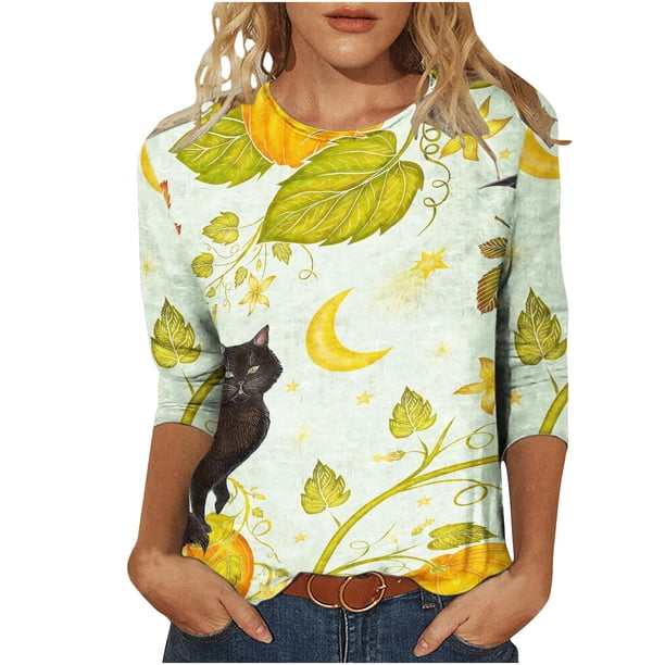 Camiseta holgada estampada a la moda para mujer, blusa de manga 3/4 de longitud media, Tops informales con cuello redondo Fridja fjkfkj1275