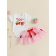thumbnail image 2 of Nygoyerh Newborn Girls Strawberry First Birthday Outfit Letter Embroidery Short Sleeve Romper Bow Tulle Skirt 2 Pcs Set Infant Clothing 6M 9M 12M 18M, 2 of 7