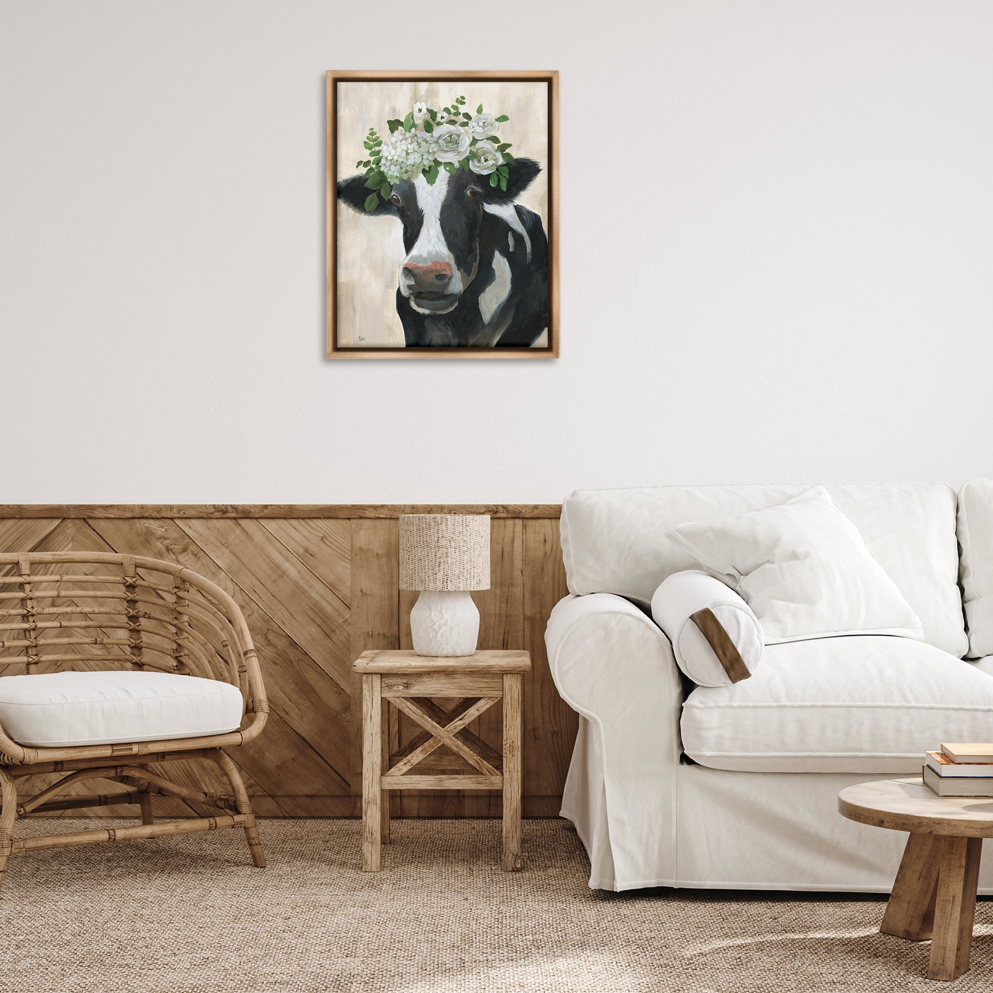 Stupell Industries Floral Crown Cow Animals & Insects Painting Brown Floater Framed Canvas Art Print Wall Art, 25 x 31