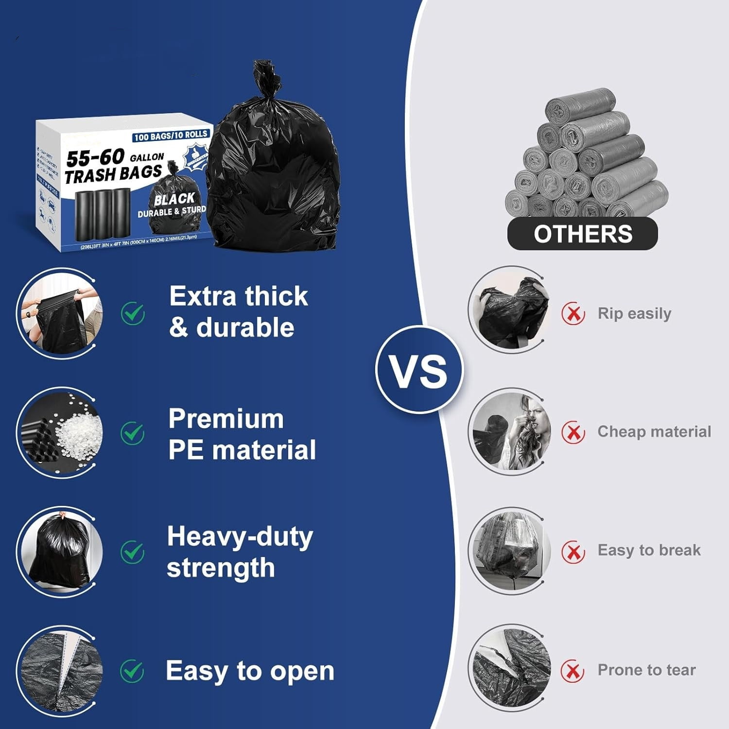55-60 Gallon Trash Bags Heavy Duty 2.1 Mil - 39''x55'' 100 Count Extra Thick Black Garbage Bags Unscented Strong Huge Can Liners for Construction Industrial Yard Outdoor Commercial