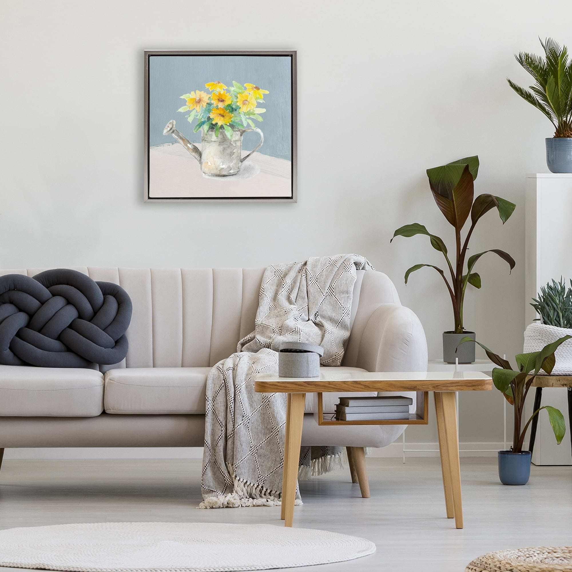 Stupell Industries Daisies in Watering Can Gray Framed Floater Canvas Wall Art, design by Lanie Loreth