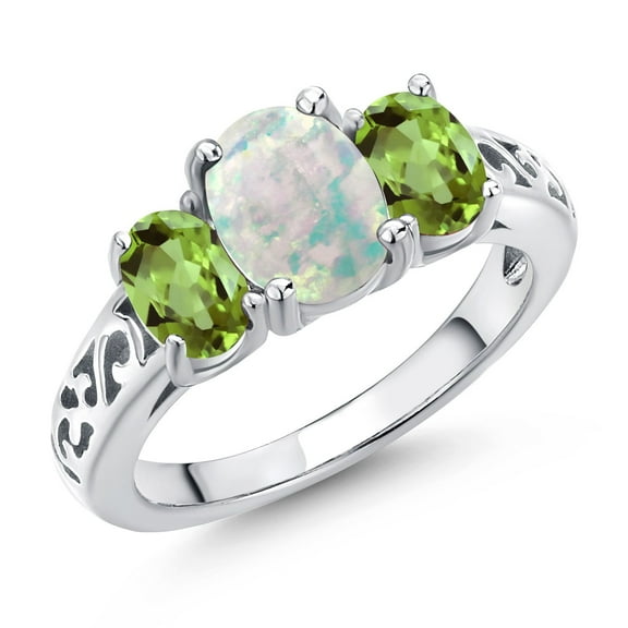 Gem Stone King 2.00 Cttw White Opal and Green Peridot Filigree Style 3-Stone Ring for Women | 925 Sterling Silver | Oval 8X6MM and 6X4MM | Three Stone Wedding Engagement Anniversary Ring | Size 9