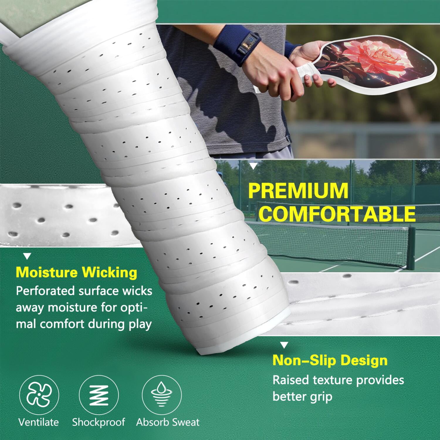Pickleball Paddles Set Of 2, Fiberglass Surface, Rose, Floral Print, 4 Balls & Bag