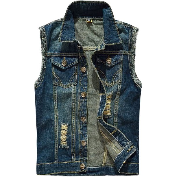Chaleco de mezclilla rasgado desgastado sin mangas con botones para hombre Azul oscuro CH Azul oscuro CH Xishao ropa