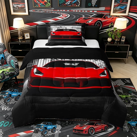 Castle Fairy Modern Sports Car Twin Comforter Sets 3-Piece for Boys, Garage Entrance Art Bedding Set for Bedroom, Red Black,Black Reversible