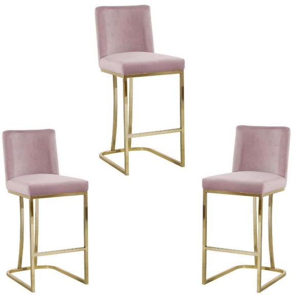 Home Square 3 Piece Gold Metal Base Velvet Counter Height Stool Set in Pink